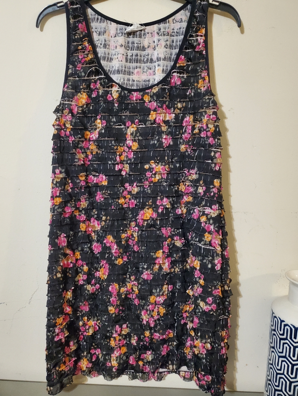 Free People Black Floral Mini Dress Sheer Ruffle Sz L
